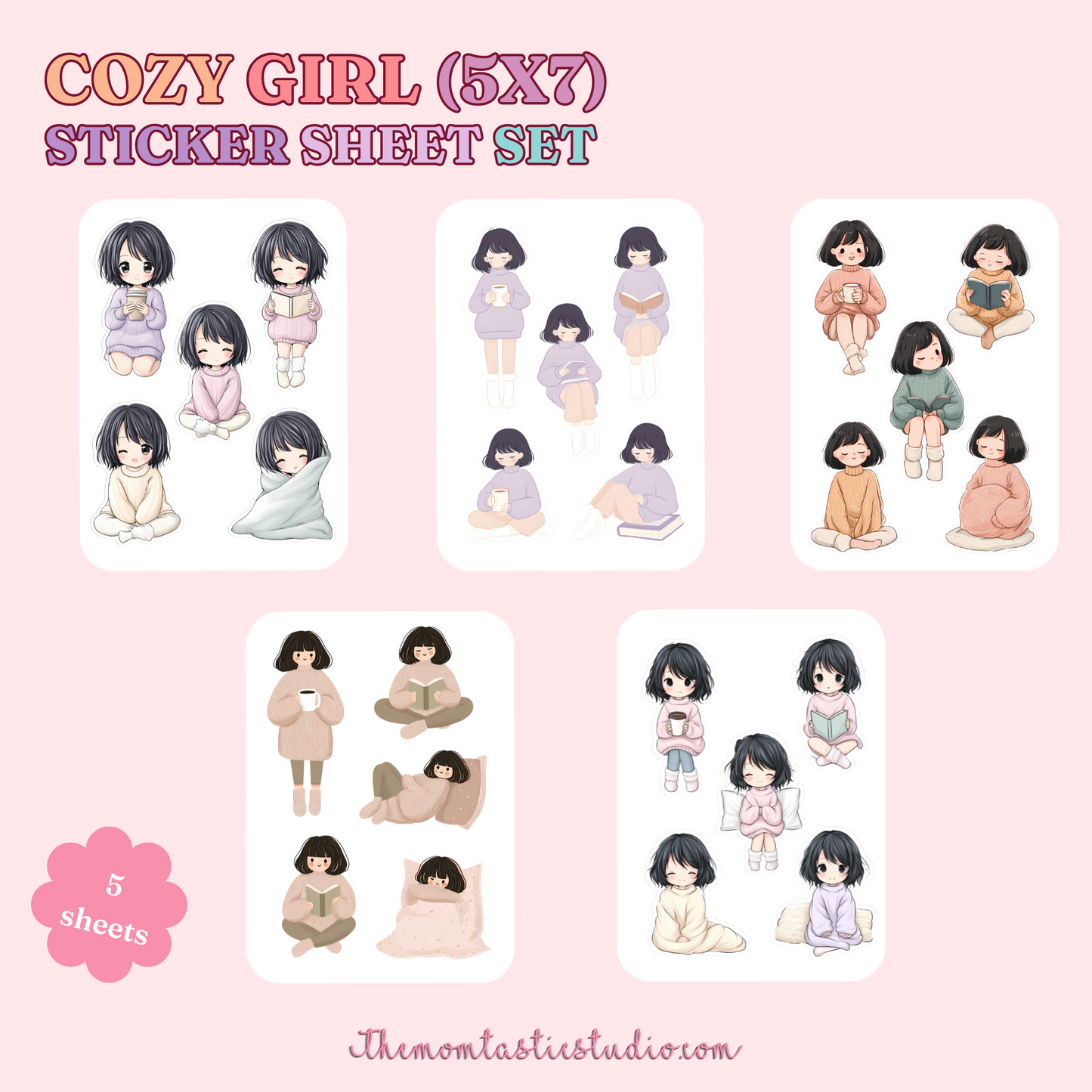 Cozy Girl Sticker Sheet Bundle Printable – Instant Download – 300 DPI - Commercial Use (Transparent PNG)