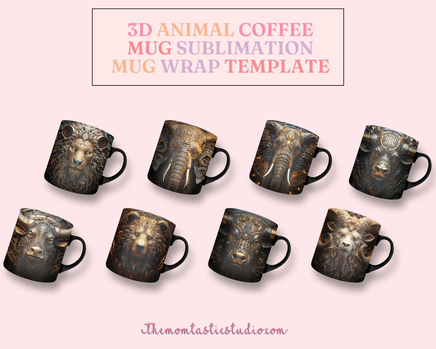3D Animal Mug Wrap (11OZ and 15OZ) - Commercial Use, 14 Designs, Animal Mug, Sublimation Wrap
