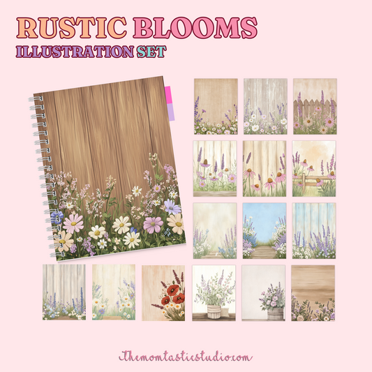 Rustic Blooms Illustration Set - 300 DPI – Instant Download – Commercial Use