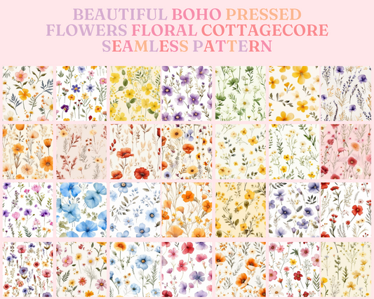 Boho Pressed Flowers, Cottagecore, Watercolor Floral Pattern for Commercial Use, Digital Paper
