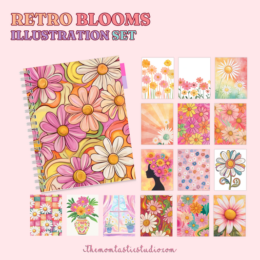 Retro Blooms Illustration Set - 300 DPI – Instant Download – Commercial Use
