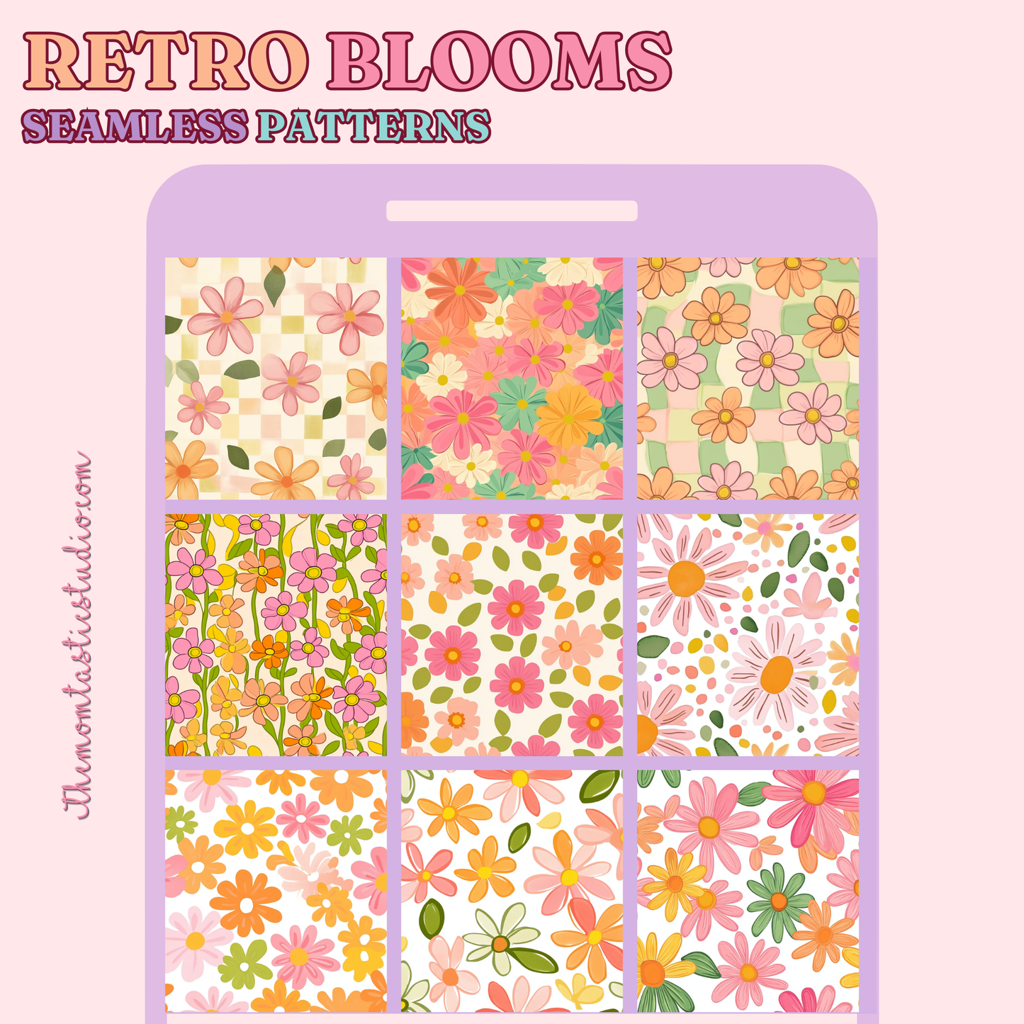 Retro Blooms Seamless Patterns for Commercial Use, Digital Paper - 300 DPI