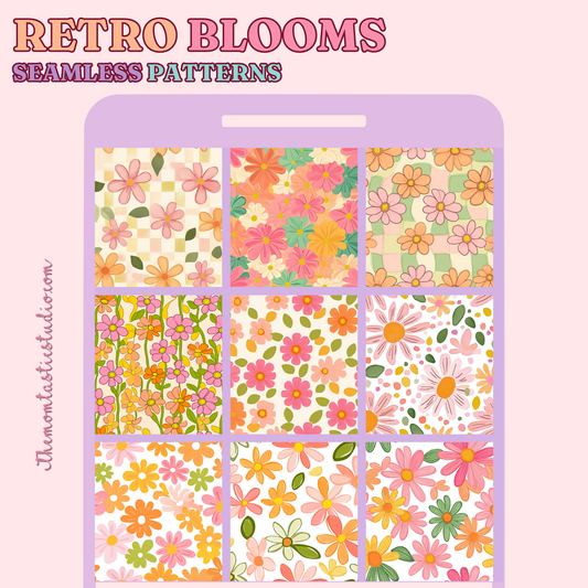Retro Blooms Seamless Patterns for Commercial Use, Digital Paper - 300 DPI