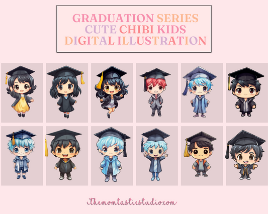 Graduation Series Cute Chibi Kids – High-Quality PNG - Transparent Background - Commercial Use