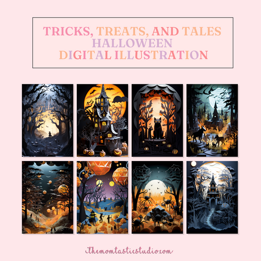 Tricks, Treats and Tales - Halloween Digital Illustration | Commercial Use | Spooky | For Notebooks, Chipbags, Sublimation