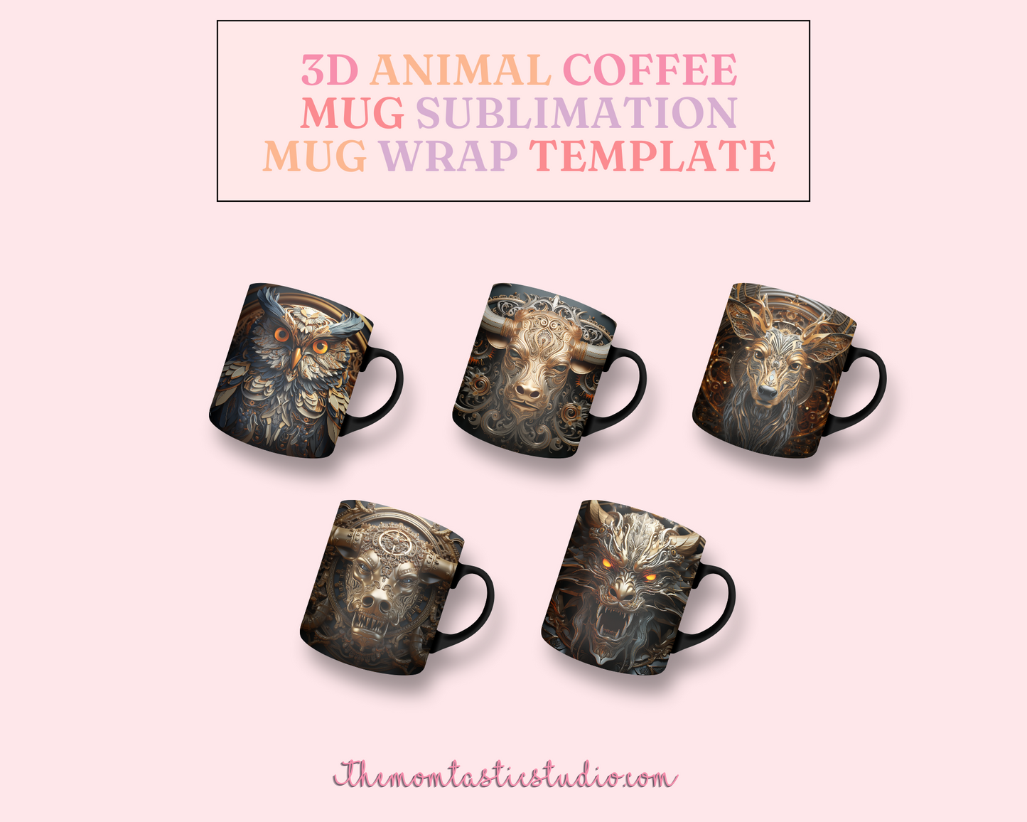 3D Animal Mug Wrap (11OZ and 15OZ) - Commercial Use, 14 Designs, Animal Mug, Sublimation Wrap