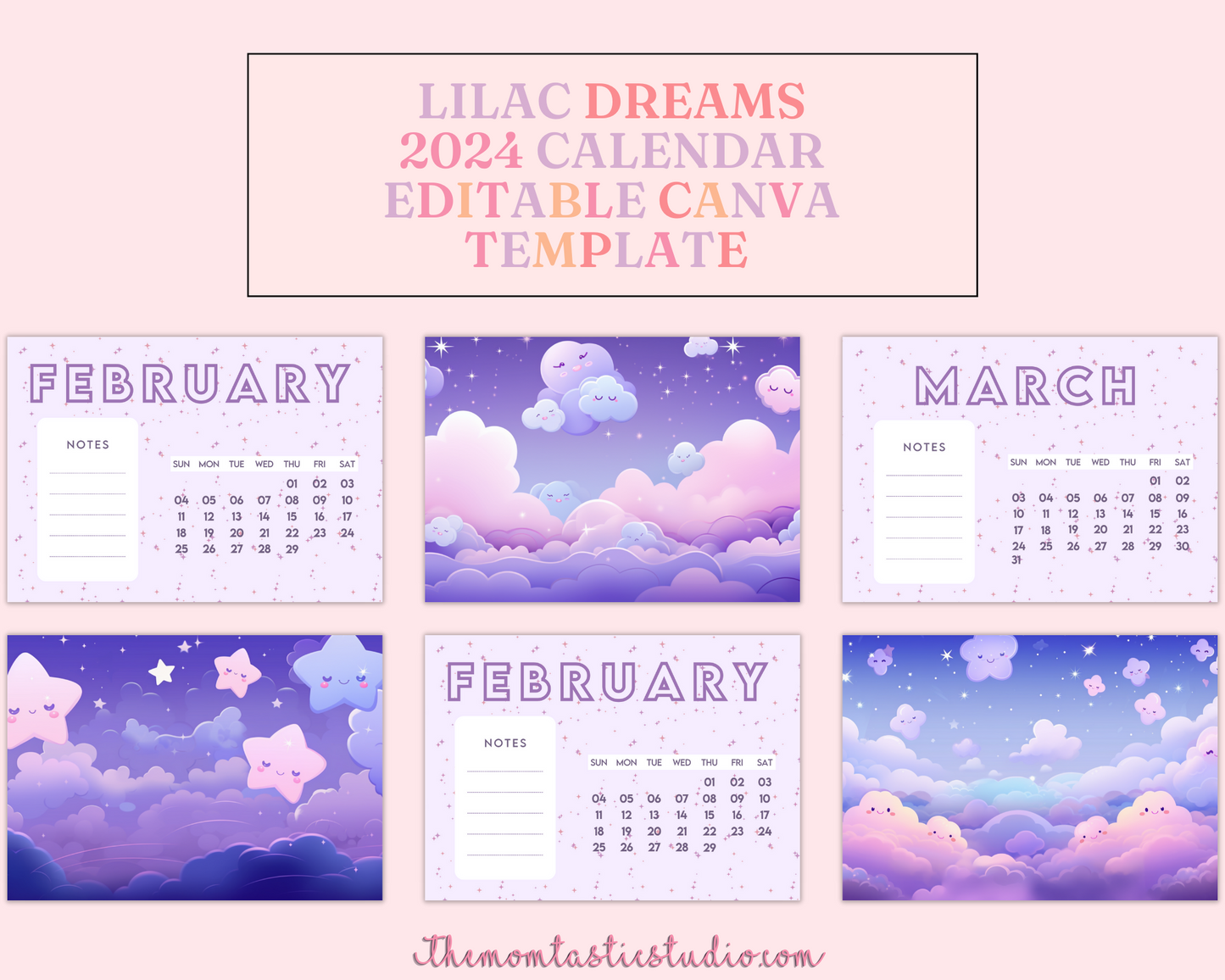 2024 Template | Lilac Dreams Calendar Printable | Canva Editable | Commercial Use