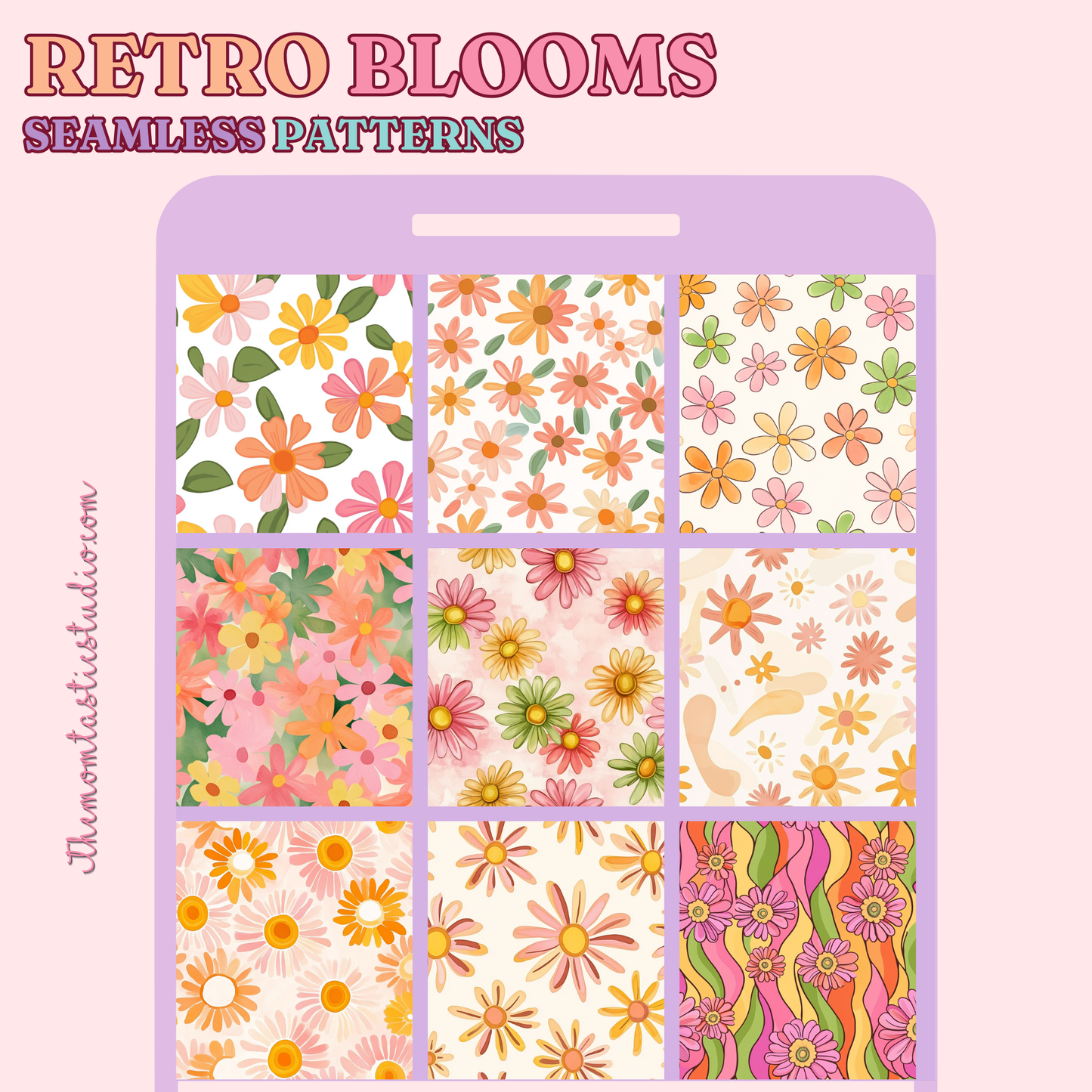 Retro Blooms Seamless Patterns for Commercial Use, Digital Paper - 300 DPI
