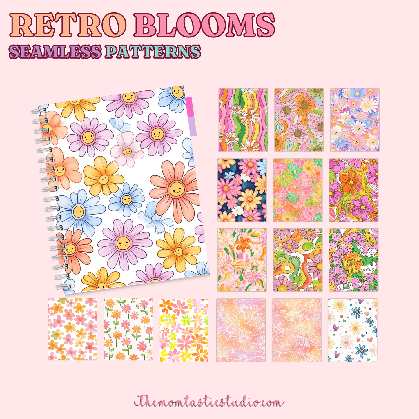 Retro Blooms Seamless Patterns for Commercial Use, Digital Paper - 300 DPI