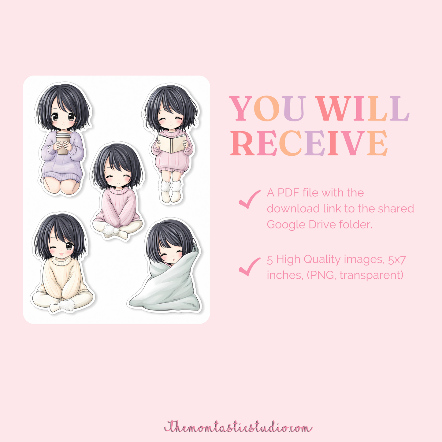 Cozy Girl Sticker Sheet Bundle Printable – Instant Download – 300 DPI - Commercial Use (Transparent PNG)