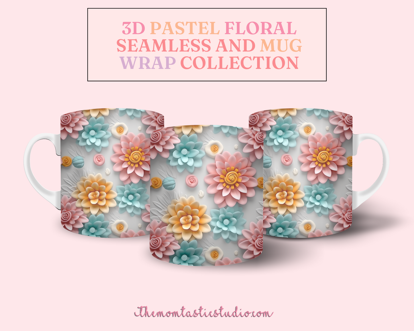 3D Pastel Floral (Seamless, A4, and Mug Wrap Format) - Commercial Use