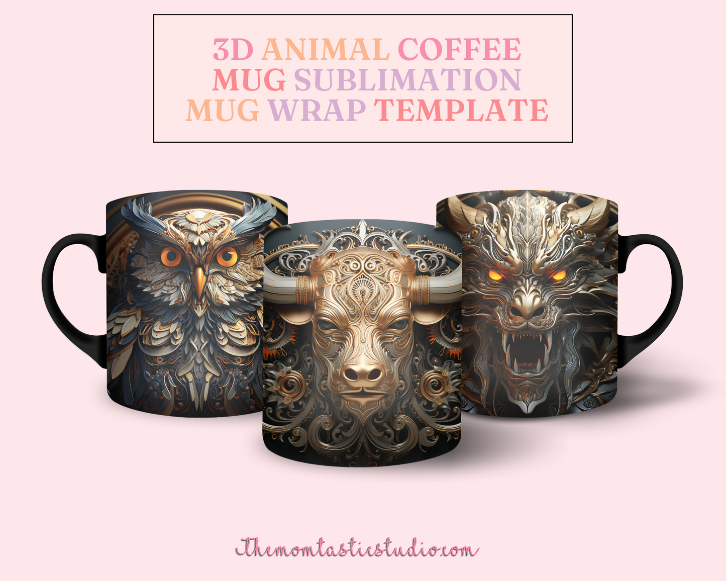 3D Animal Mug Wrap (11OZ and 15OZ) - Commercial Use, 14 Designs, Animal Mug, Sublimation Wrap