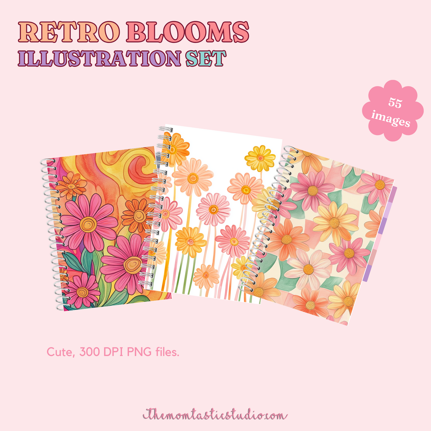 Retro Blooms Illustration Set - 300 DPI – Instant Download – Commercial Use