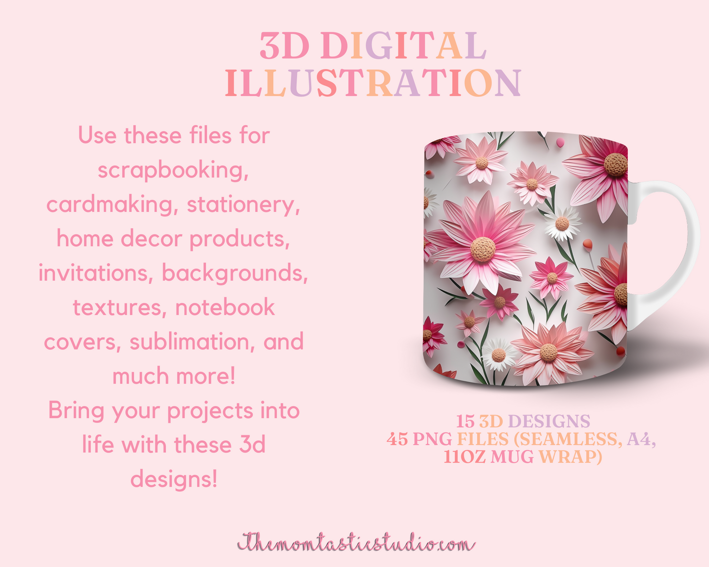 3D Pastel Floral (Seamless, A4, and Mug Wrap Format) - Commercial Use