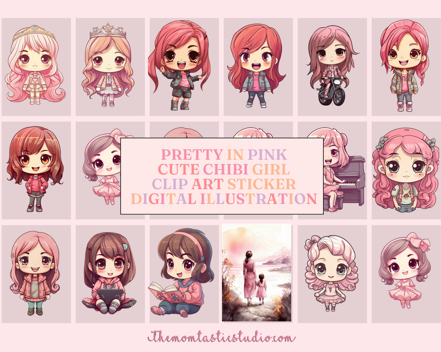 Pretty Series Chibi Girls Stickers Clipart Collection – Printable – Instant Download – High-Quality PNG - Transparent Background - Commercial Use