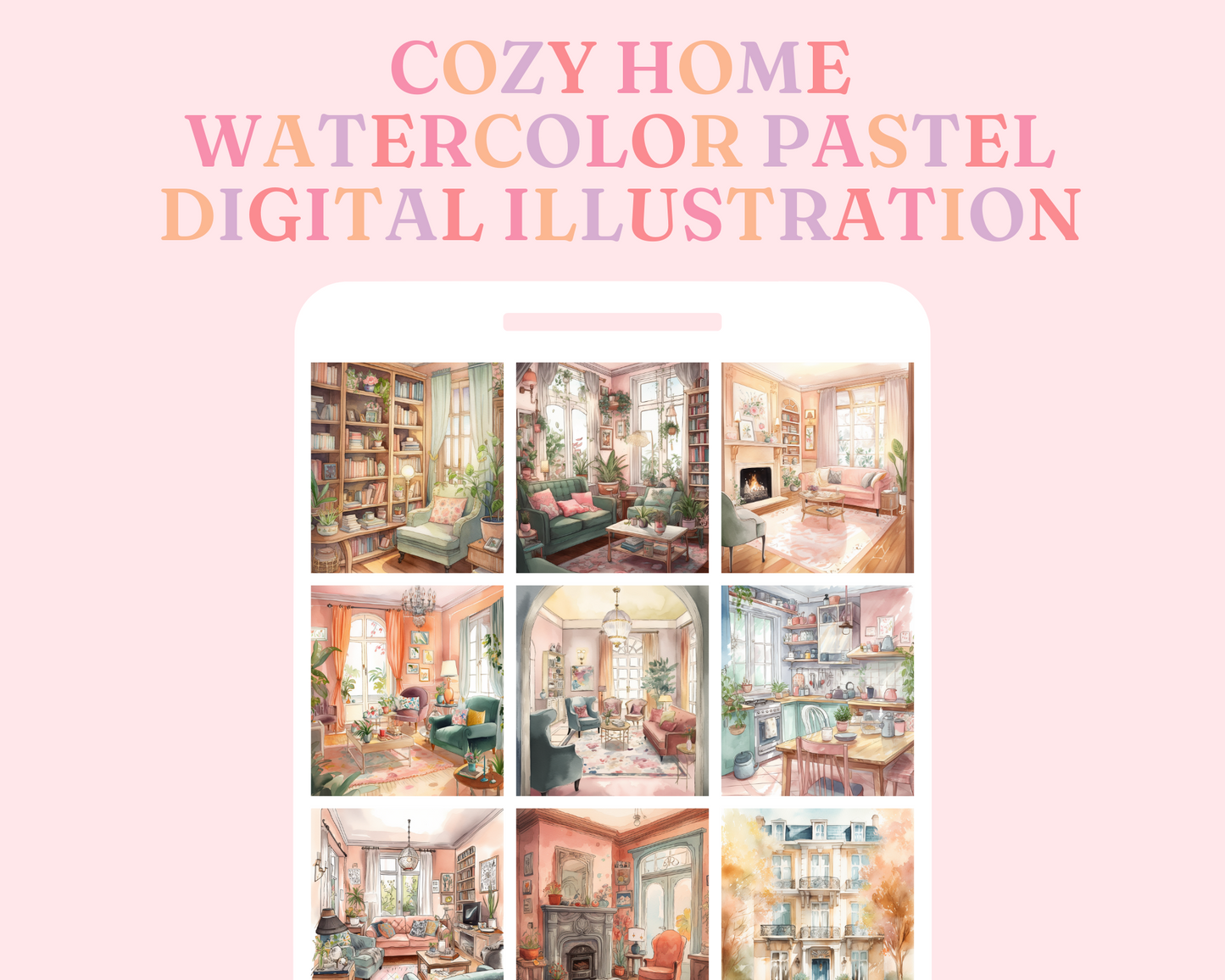 Cozy Home Watercolor Digital Illustration, Pastel, Sky for Commercial Use