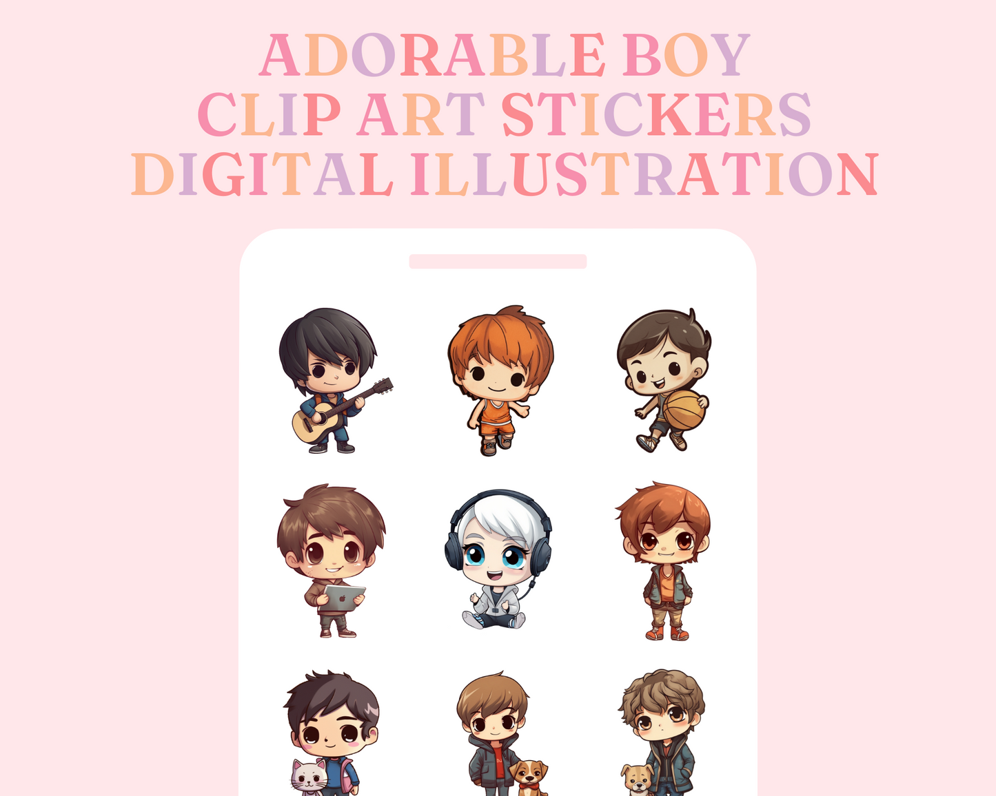 Adorable Playful Chibi Boy Stickers Clipart –Printable – Instant Download – High-Quality PNG - Transparent Background - Commercial Use
