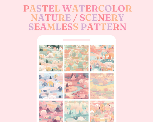 Pastel Scenery Seamless Pattern – Watercolor Pattern – Commercial Use – Pink, Pastel Houses, Nature, Landscape Digital Paper – Instant Download – Whimsical Designs for Creative Projects