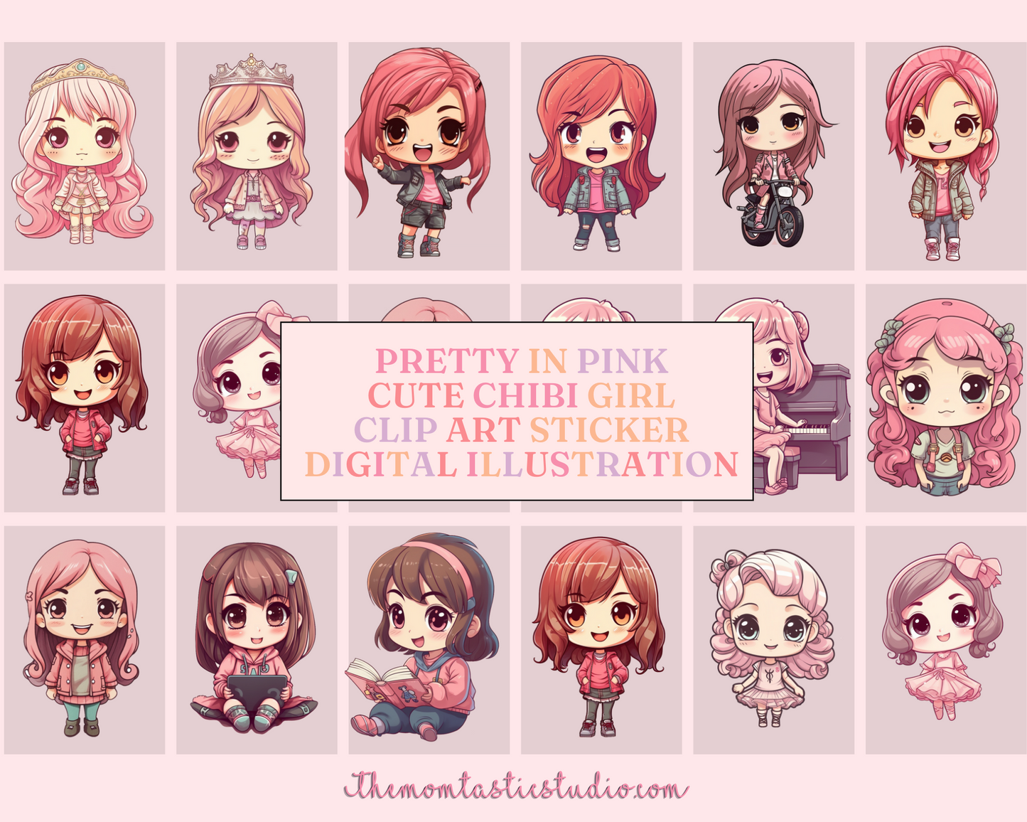 Pretty in Pink Chibi Girls Stickers Clipart – Printable – Instant Download – High-Quality PNG - Transparent Background - Commercial Use