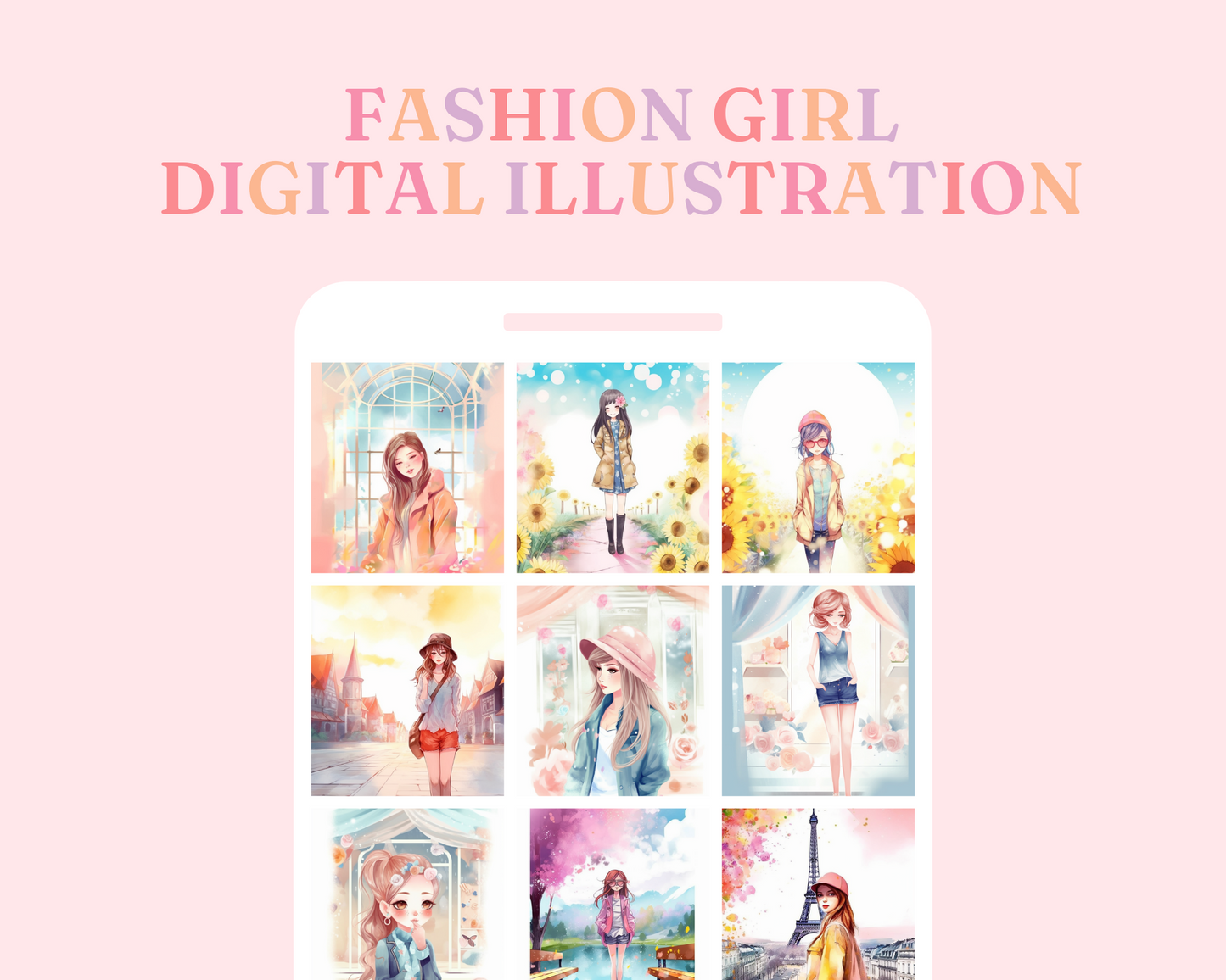 Beautiful Fashion Girls (Set 1) with Scenic Background Digital Illustration for Commercial Use - Commercial Use