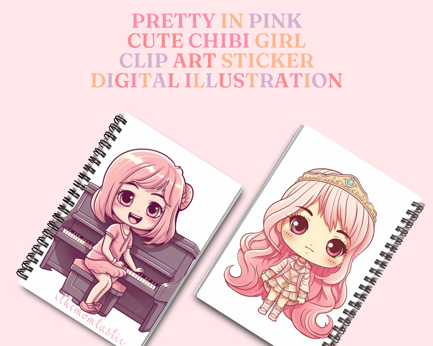 Pretty in Pink Chibi Girls Stickers Clipart – Printable – Instant Download – High-Quality PNG - Transparent Background - Commercial Use