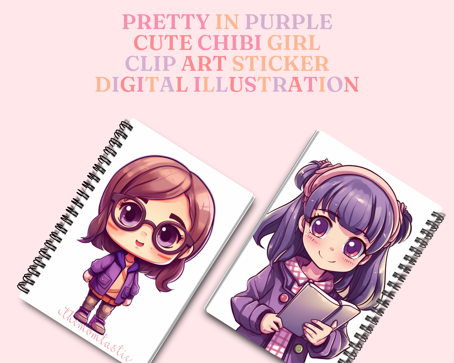 Pretty in Purple Chibi Girls Stickers Clipart – Printable – Instant Download – High-Quality PNG - Transparent Background - Commercial Use