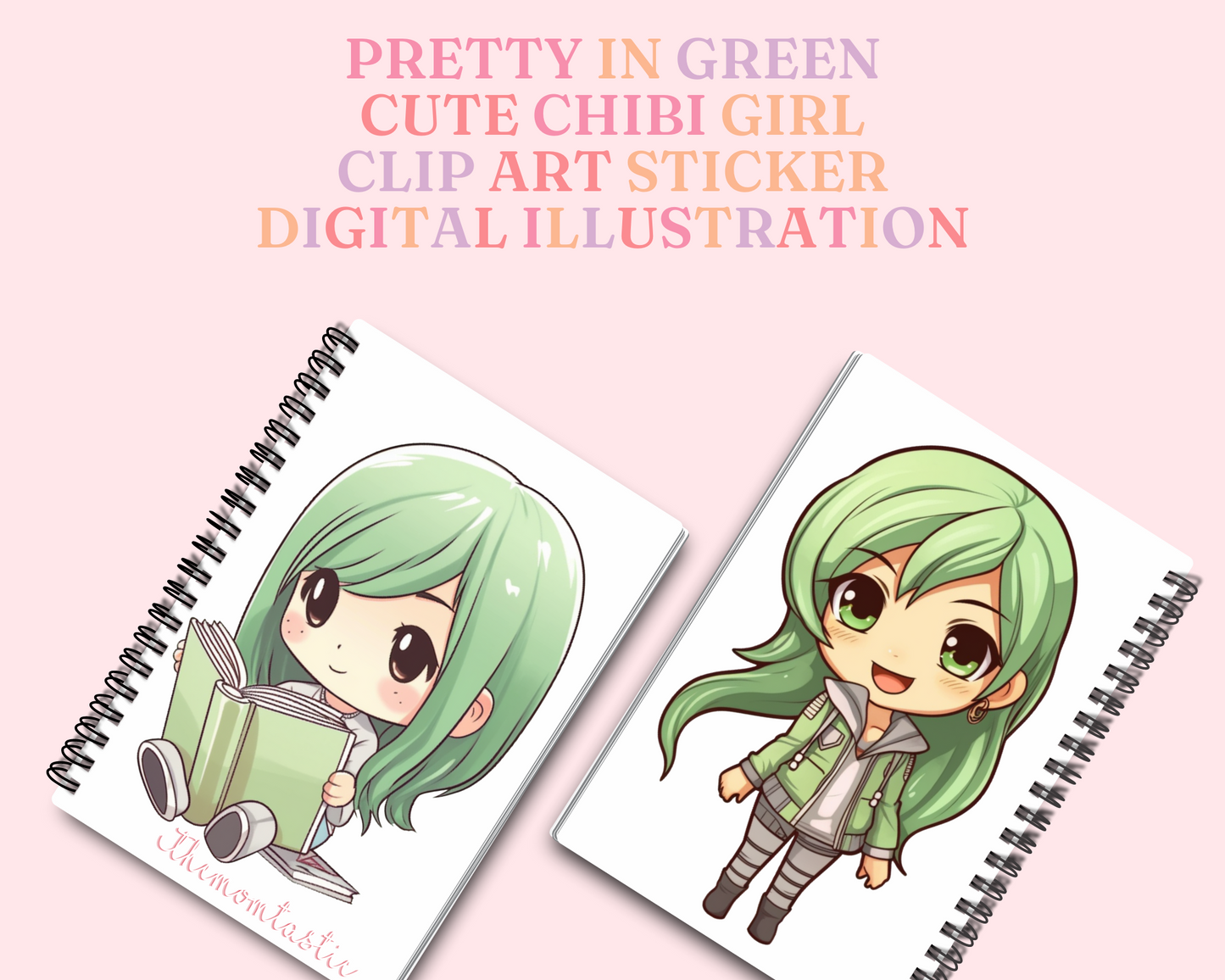 Pretty in Green Chibi Girls Stickers Clipart – Printable – Instant Download – High-Quality PNG - Transparent Background - Commercial Use