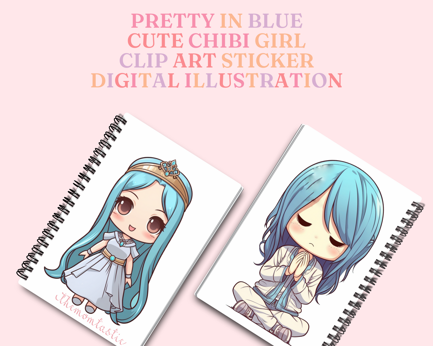 Pretty in Blue Chibi Girls Stickers Clipart – Printable – Instant Download – High-Quality PNG - Transparent Background - Commercial Use