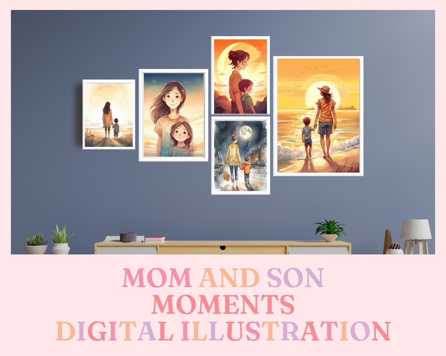 Mom and Son Moments - Digital Illustration - Commercial Use - Watercolor Wall Art
