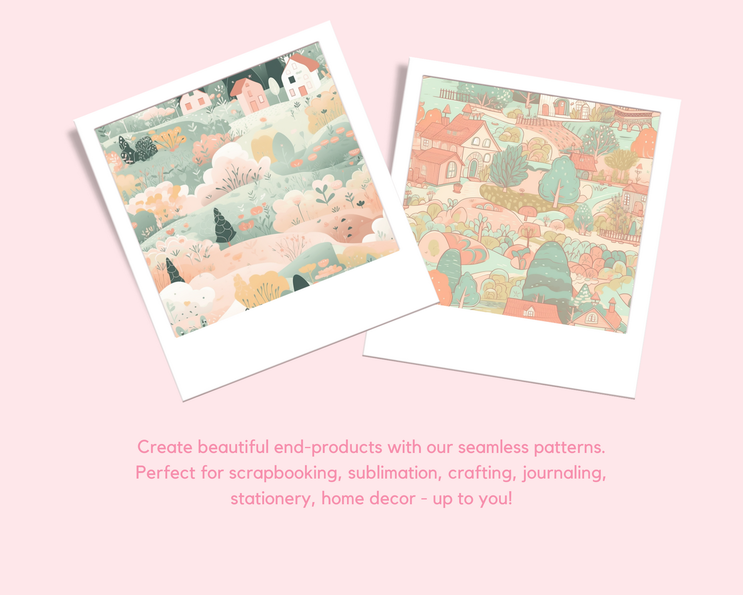 Pastel Scenery Seamless Pattern – Watercolor Pattern – Commercial Use – Pink, Pastel Houses, Nature, Landscape Digital Paper – Instant Download – Whimsical Designs for Creative Projects