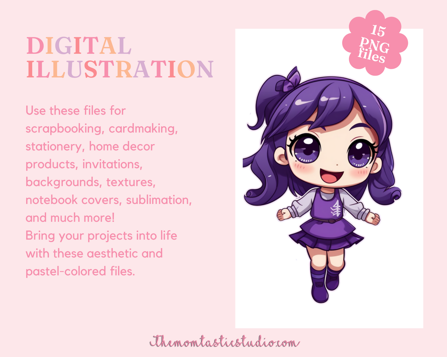 Pretty in Purple Chibi Girls Stickers Clipart – Printable – Instant Download – High-Quality PNG - Transparent Background - Commercial Use