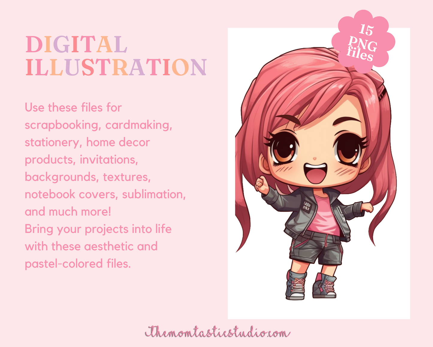 Pretty in Pink Chibi Girls Stickers Clipart – Printable – Instant Download – High-Quality PNG - Transparent Background - Commercial Use