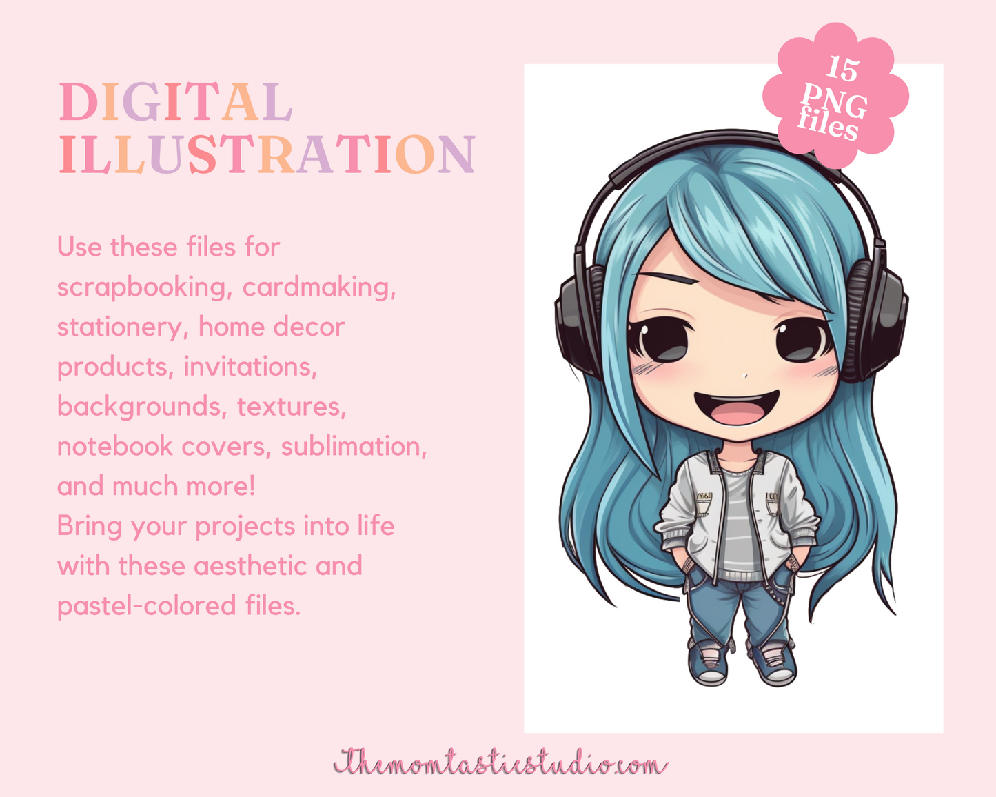 Pretty in Blue Chibi Girls Stickers Clipart – Printable – Instant Download – High-Quality PNG - Transparent Background - Commercial Use