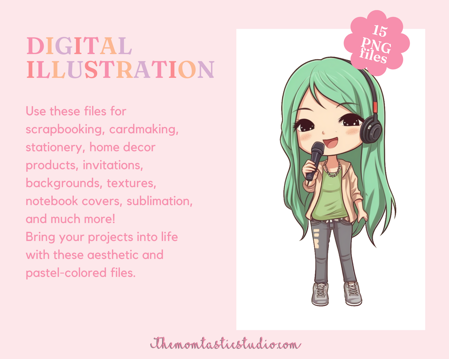 Pretty in Green Chibi Girls Stickers Clipart – Printable – Instant Download – High-Quality PNG - Transparent Background - Commercial Use