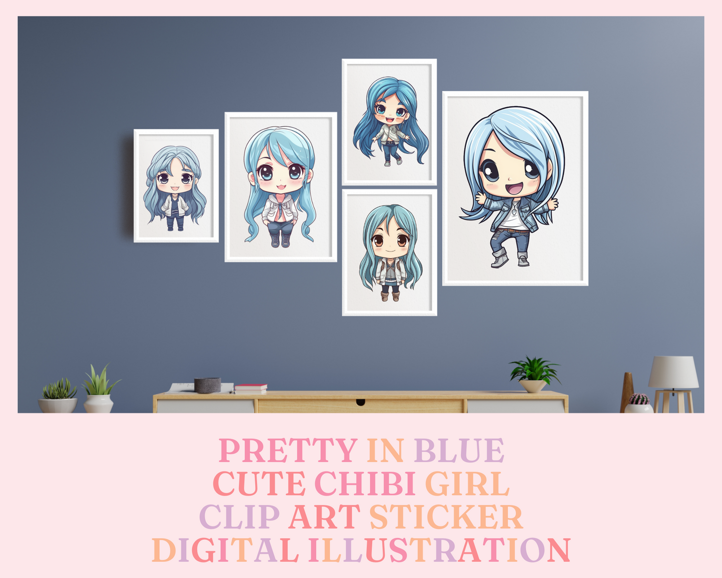 Pretty in Blue Chibi Girls Stickers Clipart – Printable – Instant Download – High-Quality PNG - Transparent Background - Commercial Use