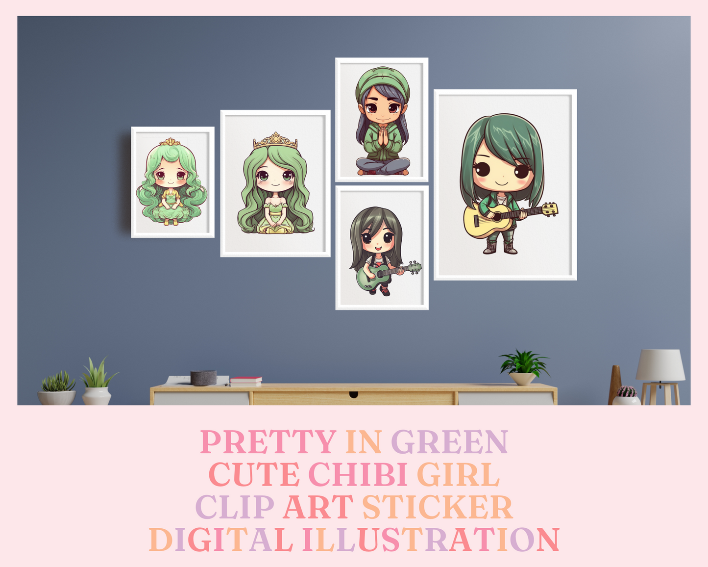 Pretty in Green Chibi Girls Stickers Clipart – Printable – Instant Download – High-Quality PNG - Transparent Background - Commercial Use