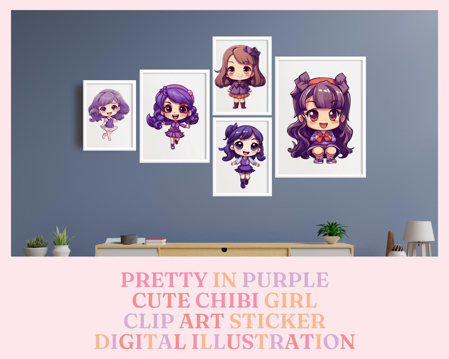 Pretty in Purple Chibi Girls Stickers Clipart – Printable – Instant Download – High-Quality PNG - Transparent Background - Commercial Use