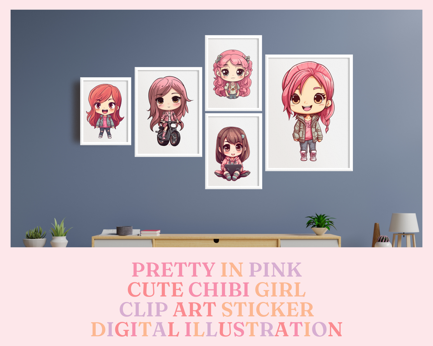Pretty in Pink Chibi Girls Stickers Clipart – Printable – Instant Download – High-Quality PNG - Transparent Background - Commercial Use