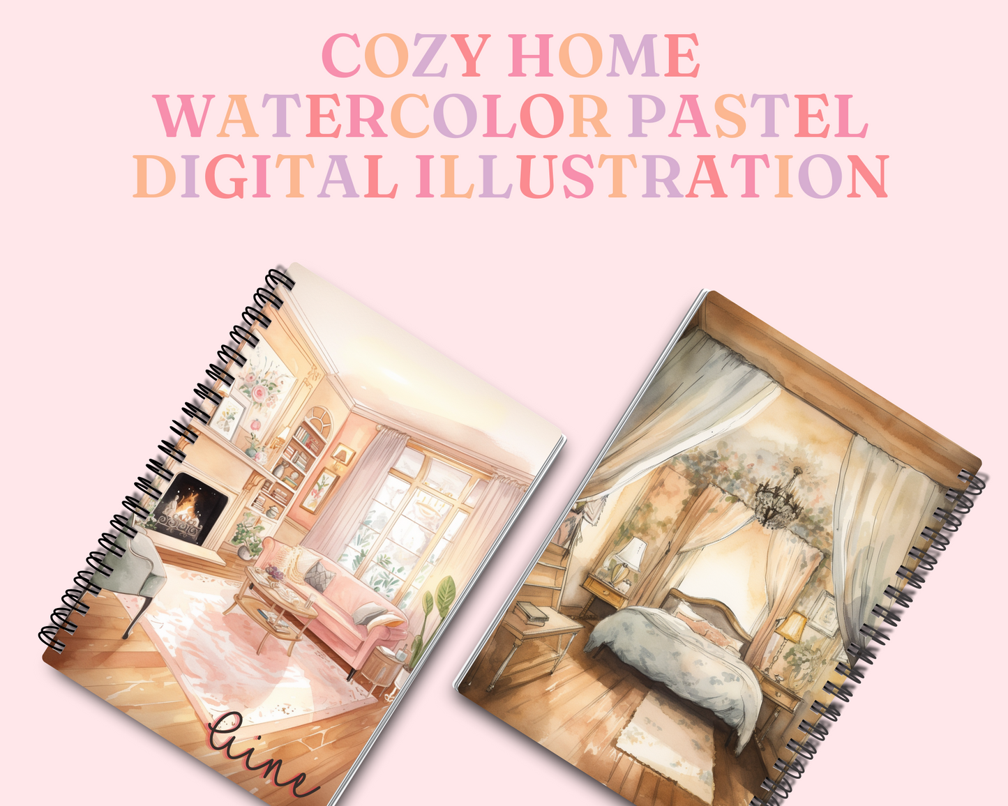 Cozy Home Watercolor Digital Illustration, Pastel, Sky for Commercial Use