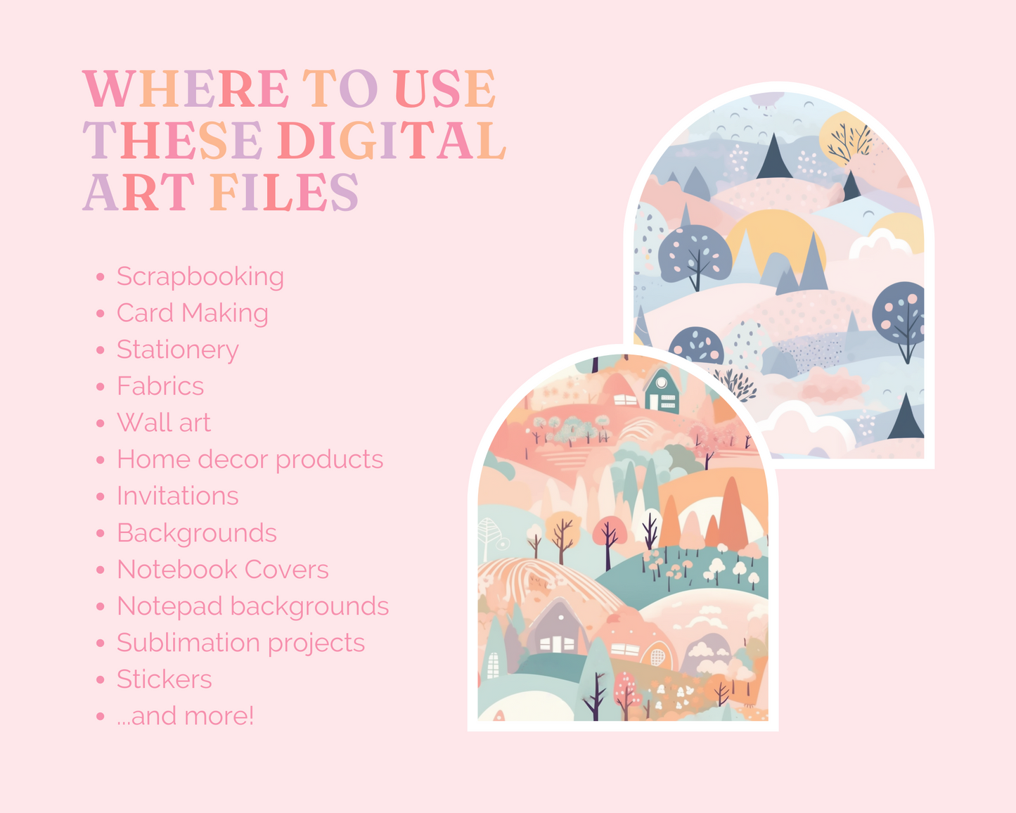 Pastel Scenery Seamless Pattern – Watercolor Pattern – Commercial Use – Pink, Pastel Houses, Nature, Landscape Digital Paper – Instant Download – Whimsical Designs for Creative Projects