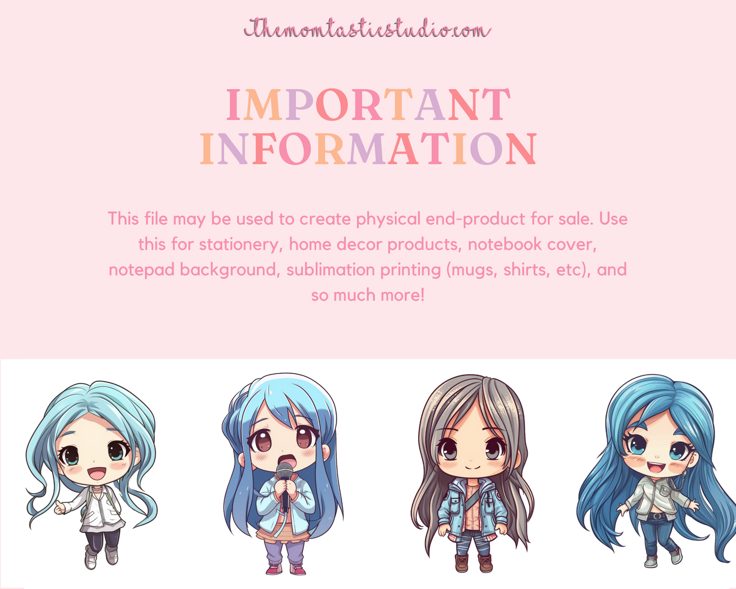 Pretty in Blue Chibi Girls Stickers Clipart – Printable – Instant Download – High-Quality PNG - Transparent Background - Commercial Use