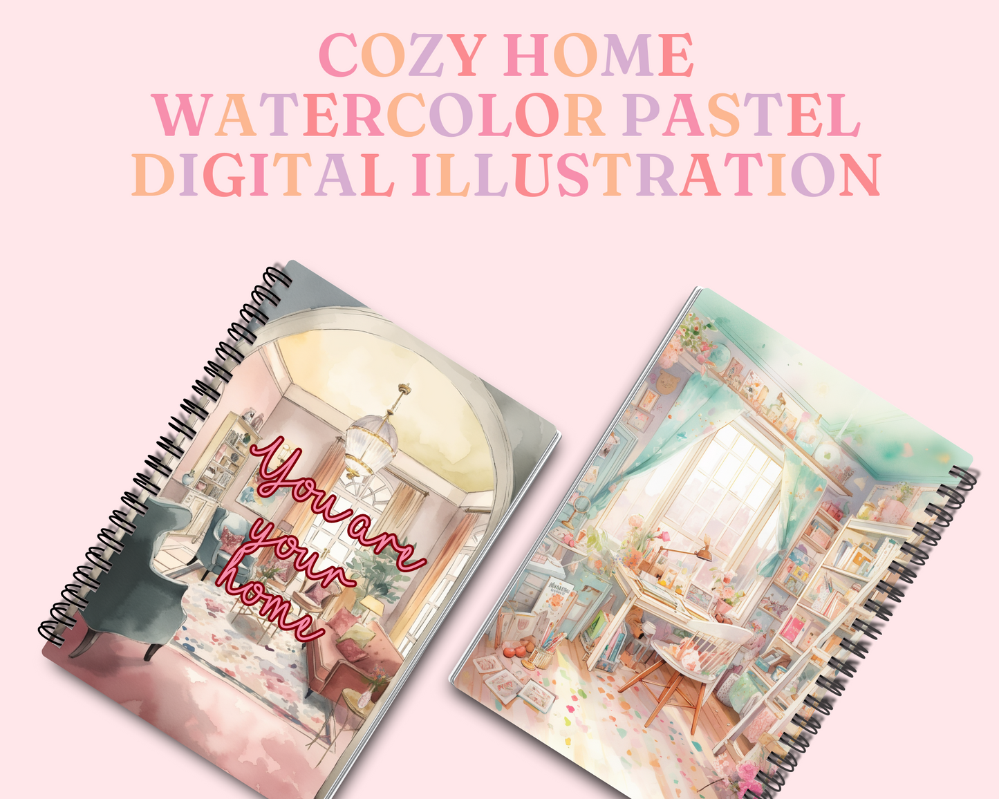 Cozy Home Watercolor Digital Illustration, Pastel, Sky for Commercial Use