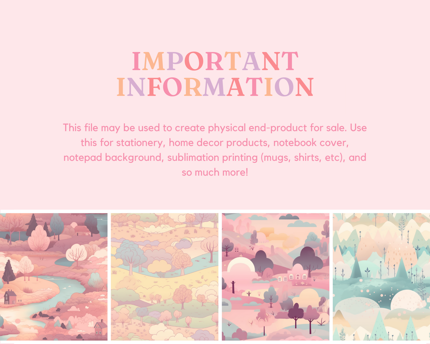 Pastel Scenery Seamless Pattern – Watercolor Pattern – Commercial Use – Pink, Pastel Houses, Nature, Landscape Digital Paper – Instant Download – Whimsical Designs for Creative Projects