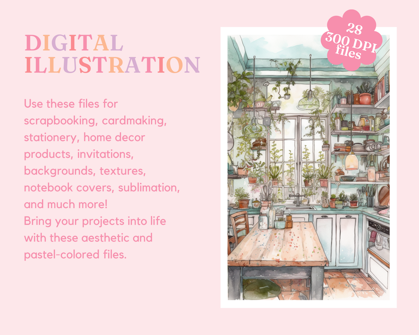 Cozy Home Watercolor Digital Illustration, Pastel, Sky for Commercial Use