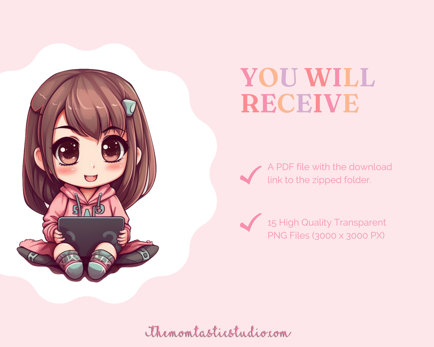 Pretty in Pink Chibi Girls Stickers Clipart – Printable – Instant Download – High-Quality PNG - Transparent Background - Commercial Use