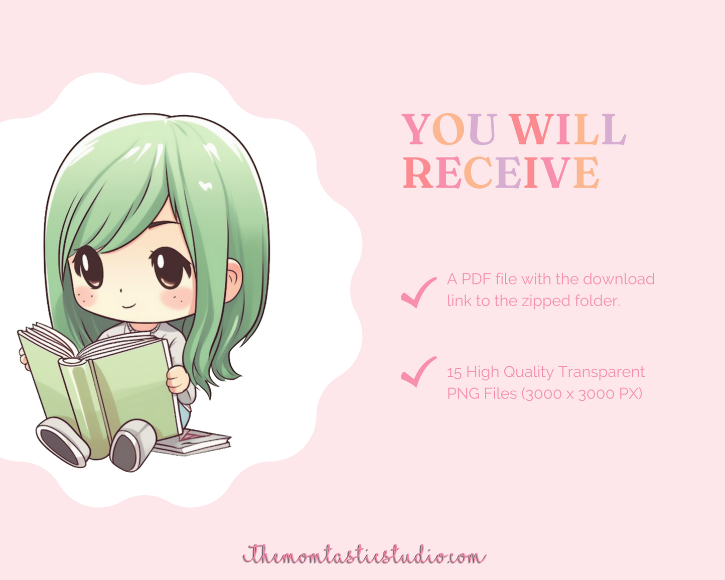 Pretty in Green Chibi Girls Stickers Clipart – Printable – Instant Download – High-Quality PNG - Transparent Background - Commercial Use