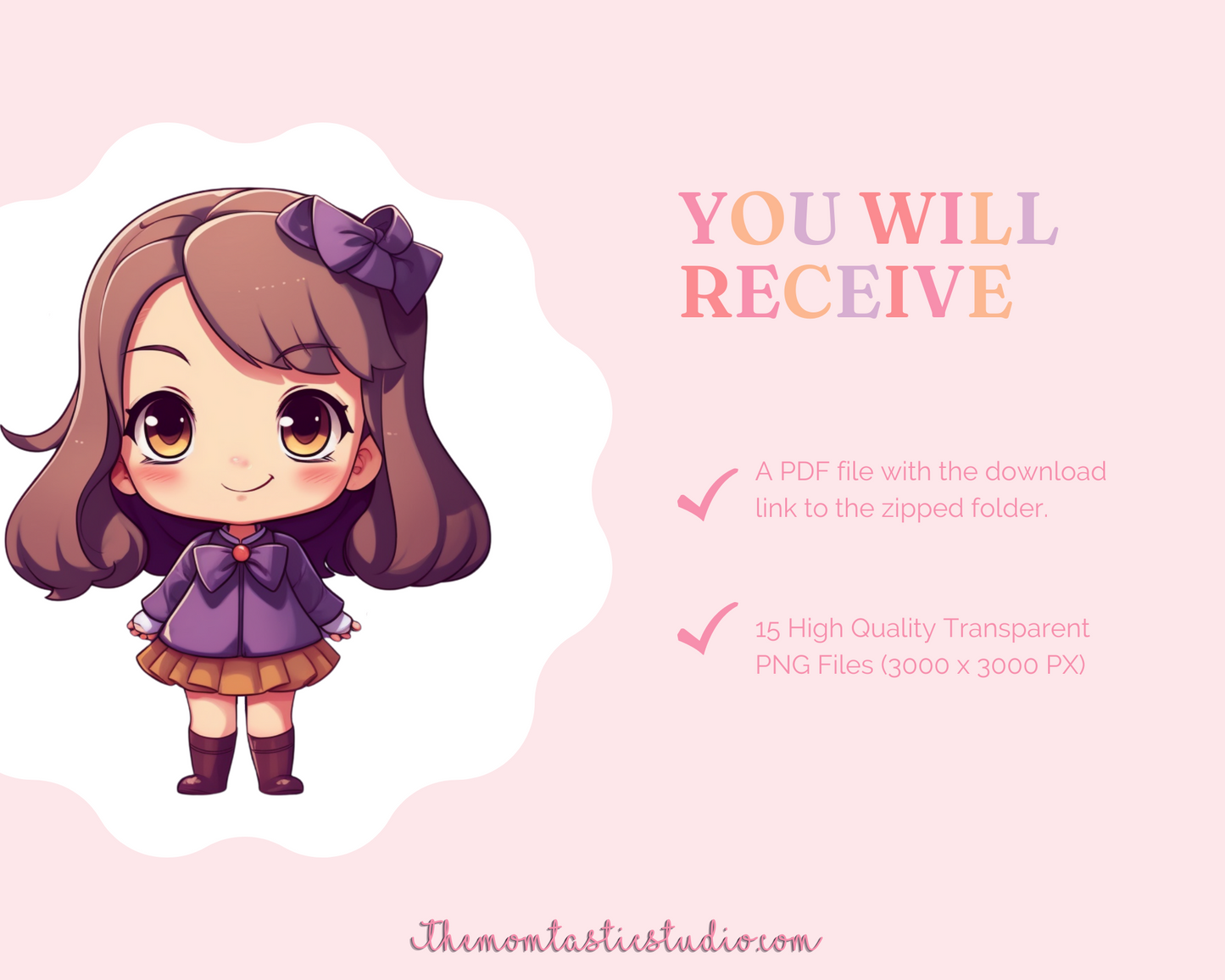 Pretty in Purple Chibi Girls Stickers Clipart – Printable – Instant Download – High-Quality PNG - Transparent Background - Commercial Use