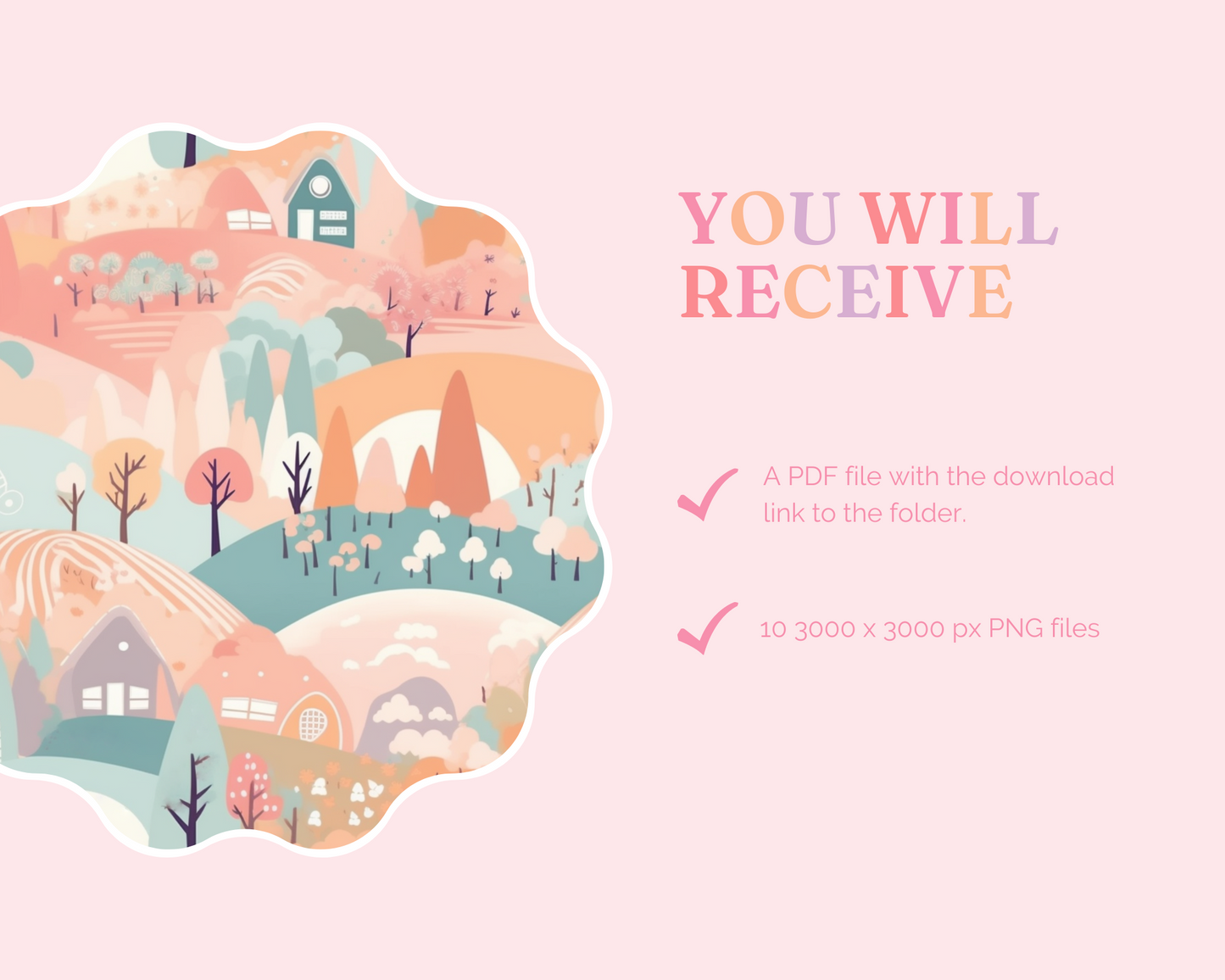 Pastel Scenery Seamless Pattern – Watercolor Pattern – Commercial Use – Pink, Pastel Houses, Nature, Landscape Digital Paper – Instant Download – Whimsical Designs for Creative Projects