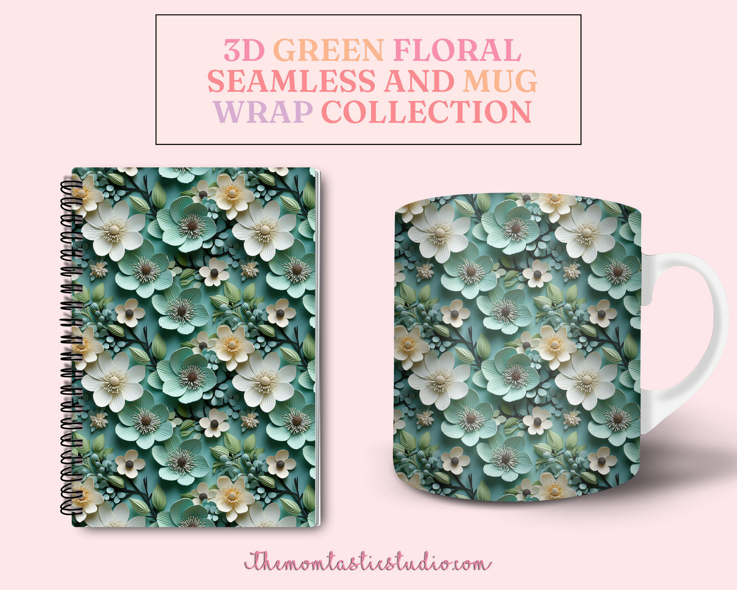 3D Green Floral (Seamless, A4, and Mug Wrap Format) - Commercial Use