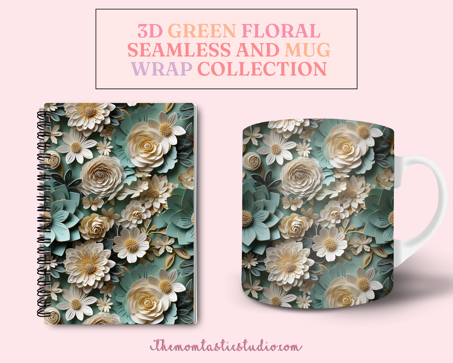 3D Green Floral (Seamless, A4, and Mug Wrap Format) - Commercial Use